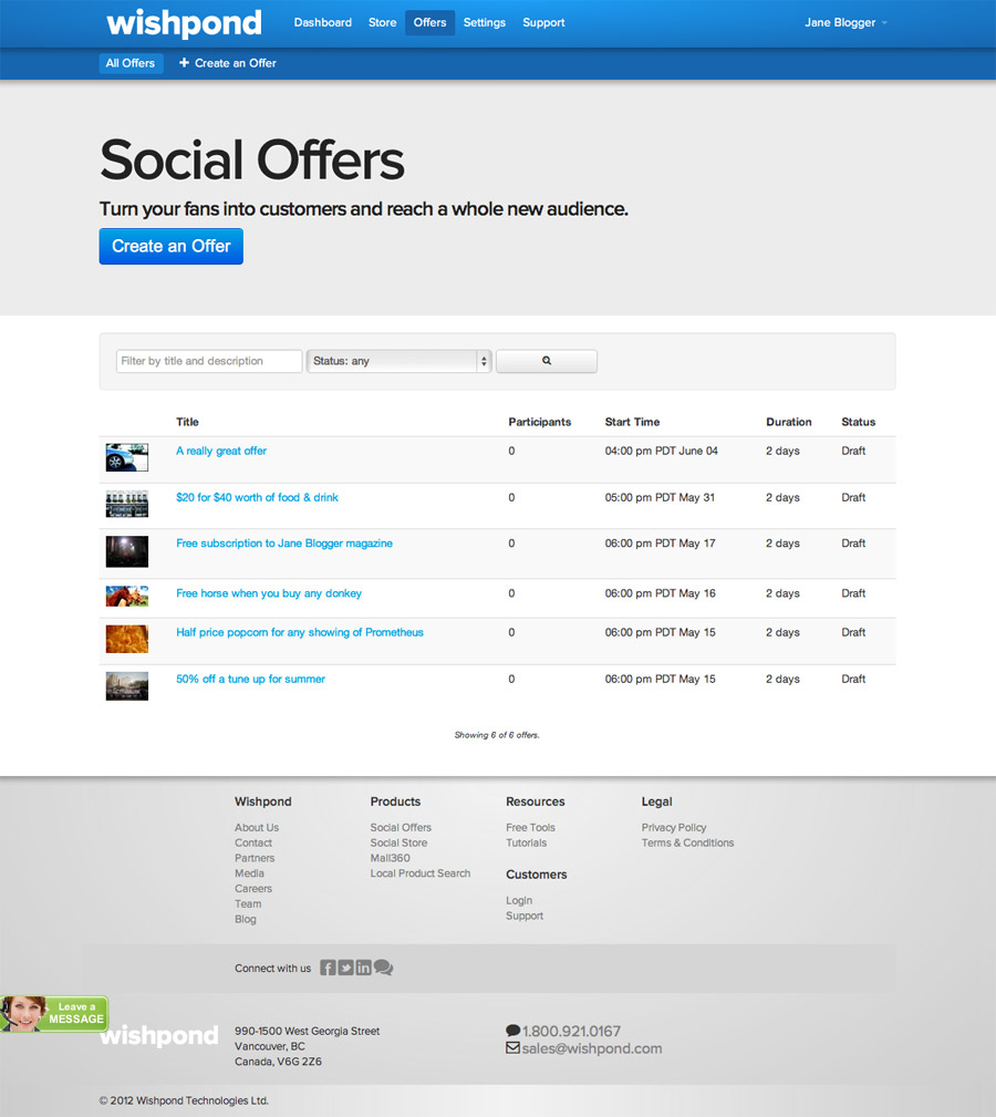 Manage your Social Offers in Wishpond Central