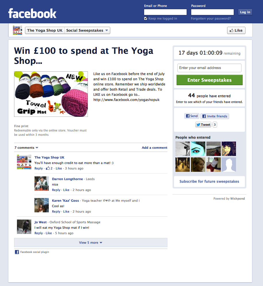The Yoga Shop Sweepstakes on Facebook